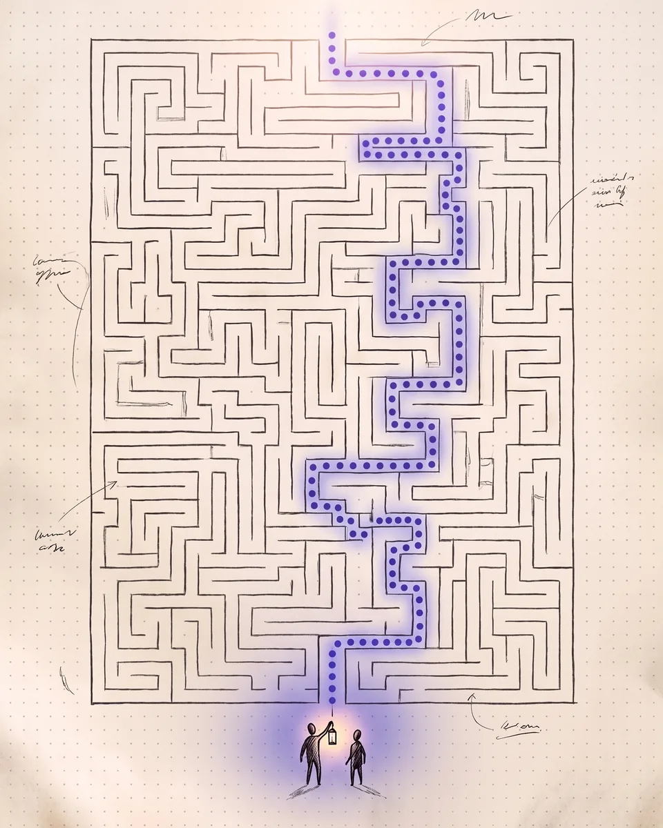 Ink sketch of a maze with one route lit up, starting where two people stand together holding a lantern