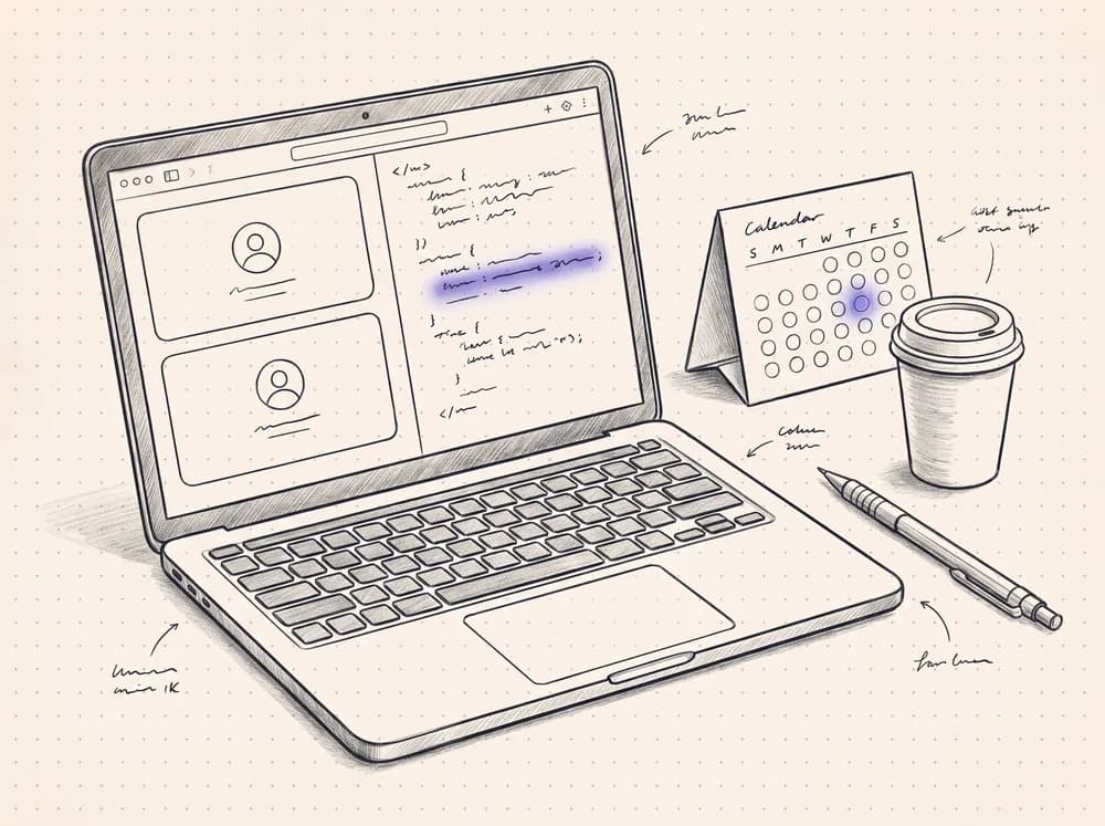 Bản vẽ tay: laptop với cửa sổ gọi video và code, cạnh lịch bàn có một ngày được khoanh