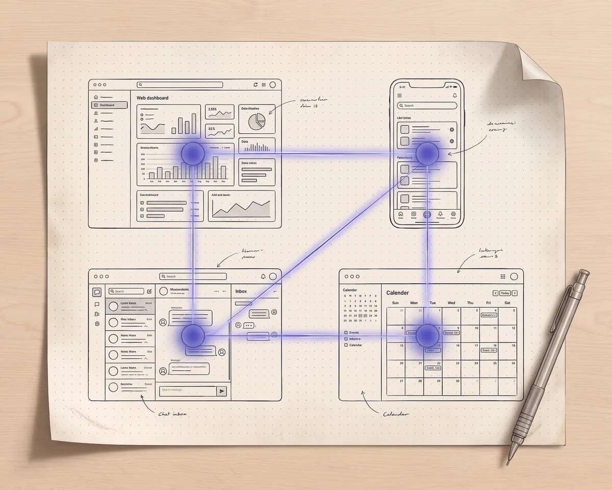 Bản vẽ tay các wireframe sản phẩm nối với nhau